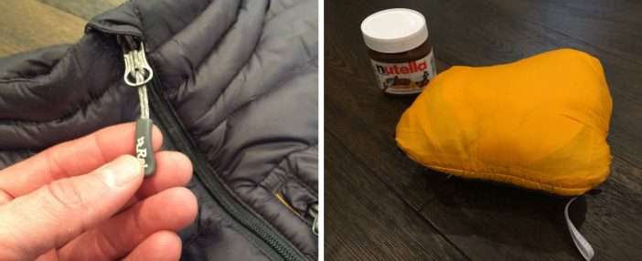 Excellent zipper pulls and it stuffs into the chest pocket (13 oz. Nutella for size reference).